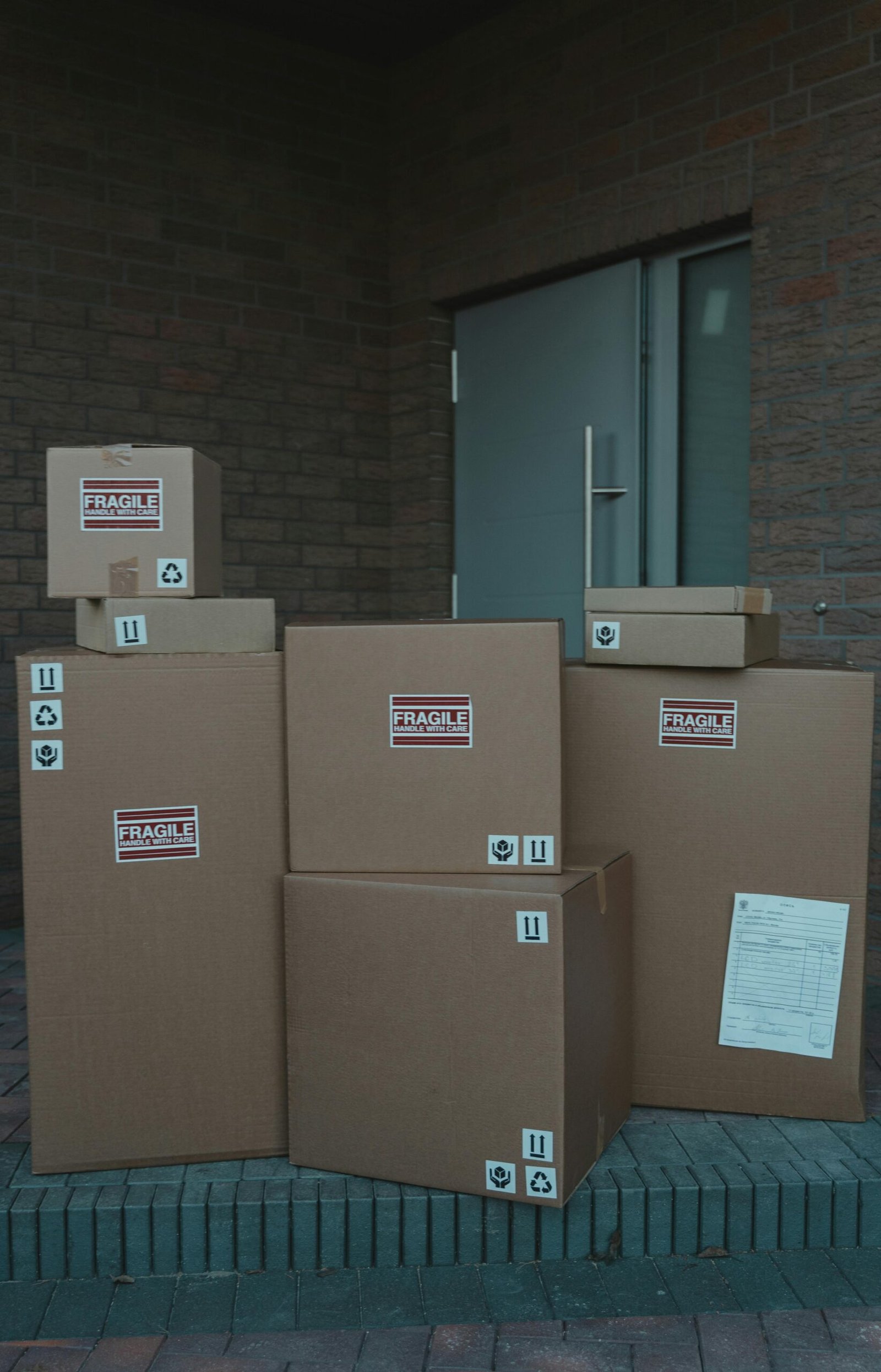 A stack of labeled cardboard boxes piled in front of a closed industrial door, symbolizing delivery service.